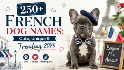 French Bulldog with Paris theme showcasing 250+ French dog names, cute unique and trending ideas for 2026