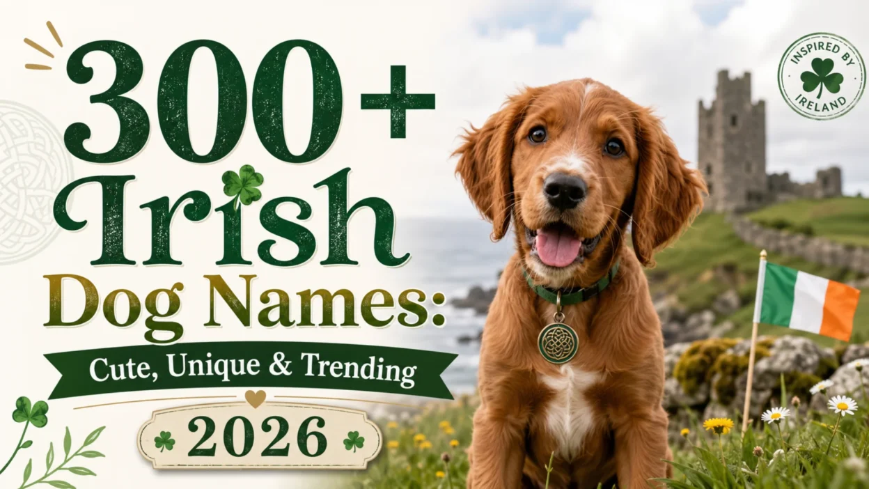 300+ Irish dog names 2026 banner featuring a happy Irish Setter puppy, Irish castle, shamrocks, and Irish countryside
