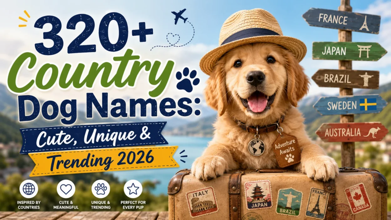 Happy golden retriever with travel-themed country signs for 320+ country dog names ideas in 2026