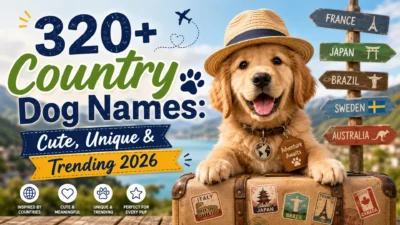 Happy golden retriever with travel-themed country signs for 320+ country dog names ideas in 2026