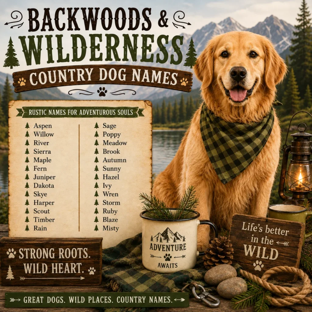 Golden retriever in a mountain wilderness setting for backwoods and wilderness country dog names