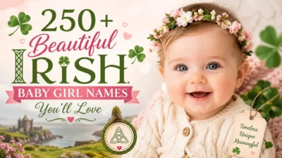 Smiling Irish baby girl with shamrocks and flowers celebrating 250+ beautiful Irish baby girl names you'll love