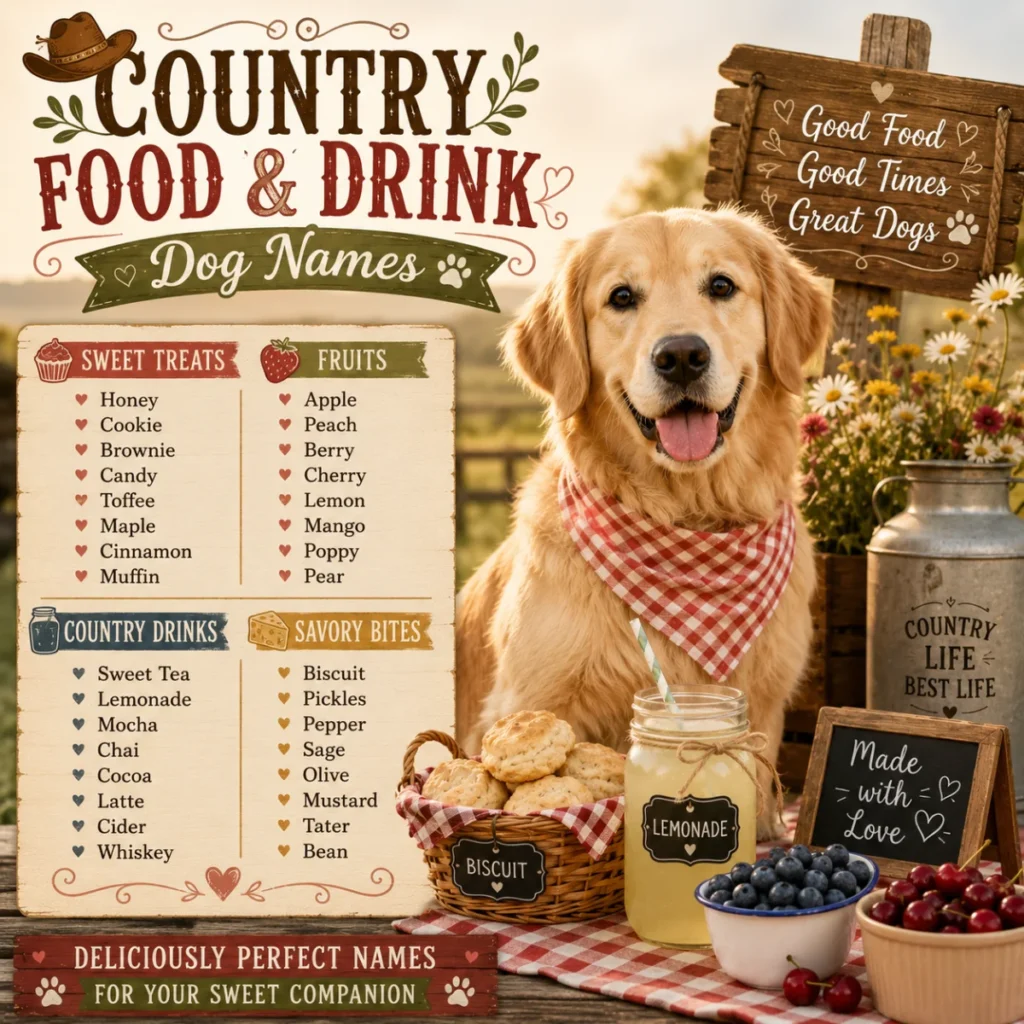 Golden retriever with picnic foods and country decor for country food and drink dog names ideas