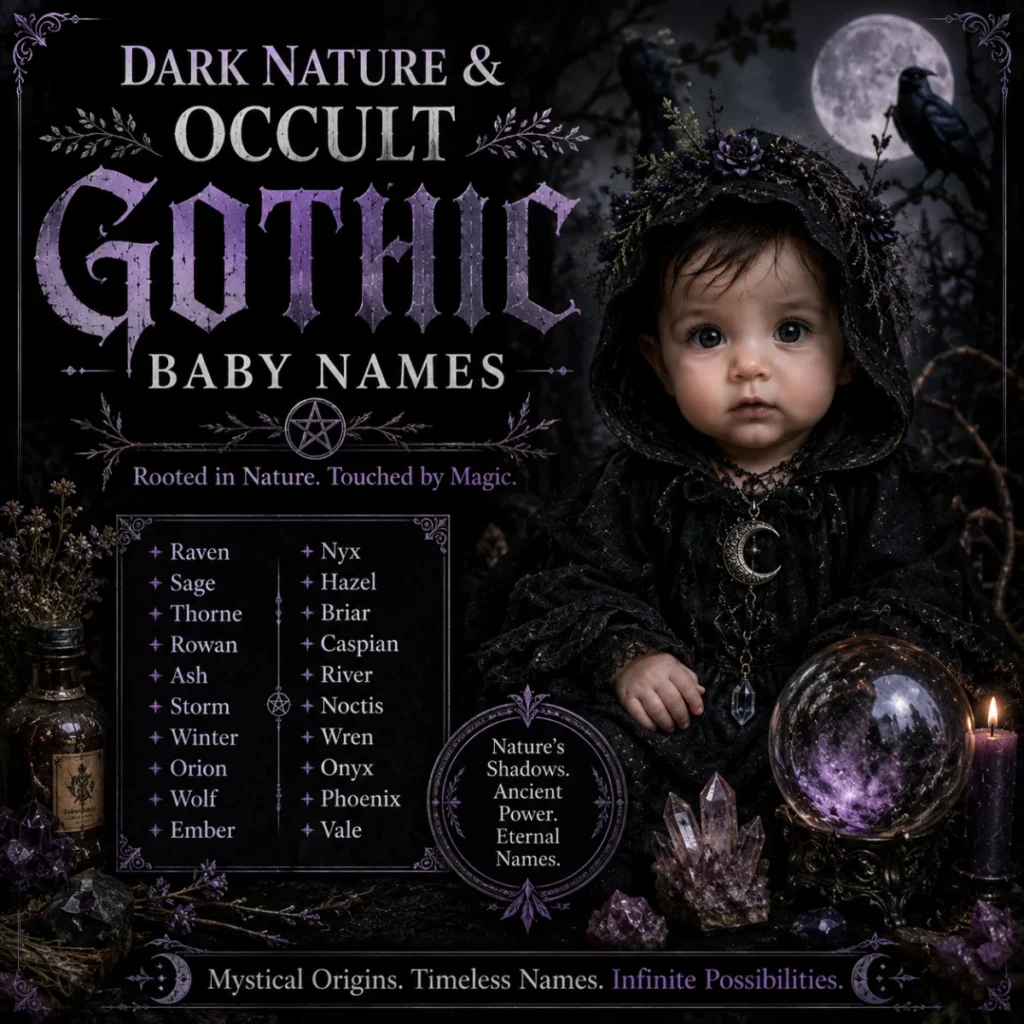 Dark nature and occult gothic baby names with hooded baby, moonlit forest, crystals, ravens, and mystical symbols