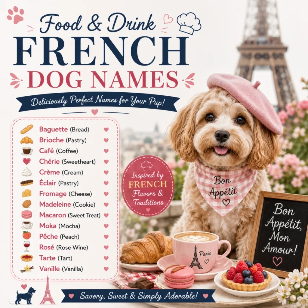 Food and drink French dog names featuring a Parisian puppy with café-inspired French naming ideas