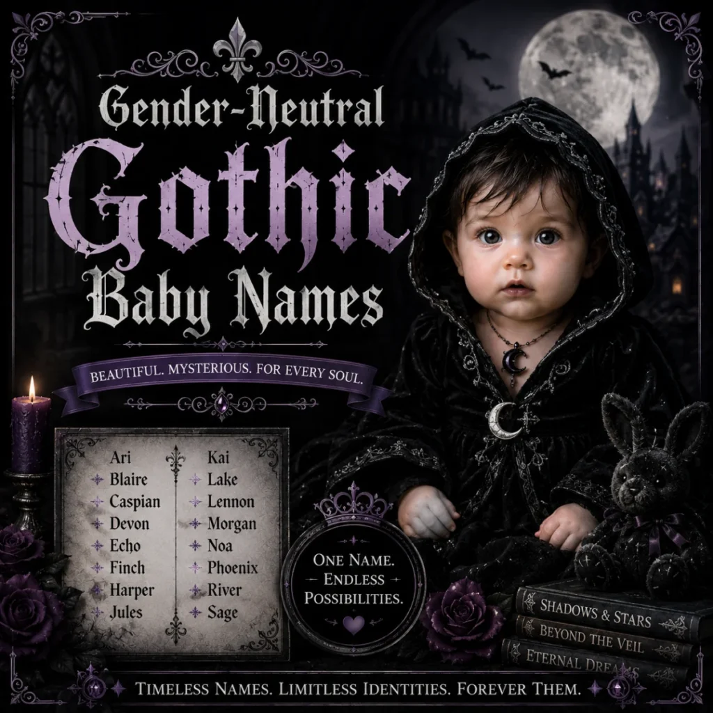 Gender-neutral gothic baby names with hooded baby, moonlit castle, candles, and dark mystical gothic theme