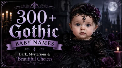 Gothic baby in black lace with dark, mysterious, and beautiful gothic baby names themed artwork