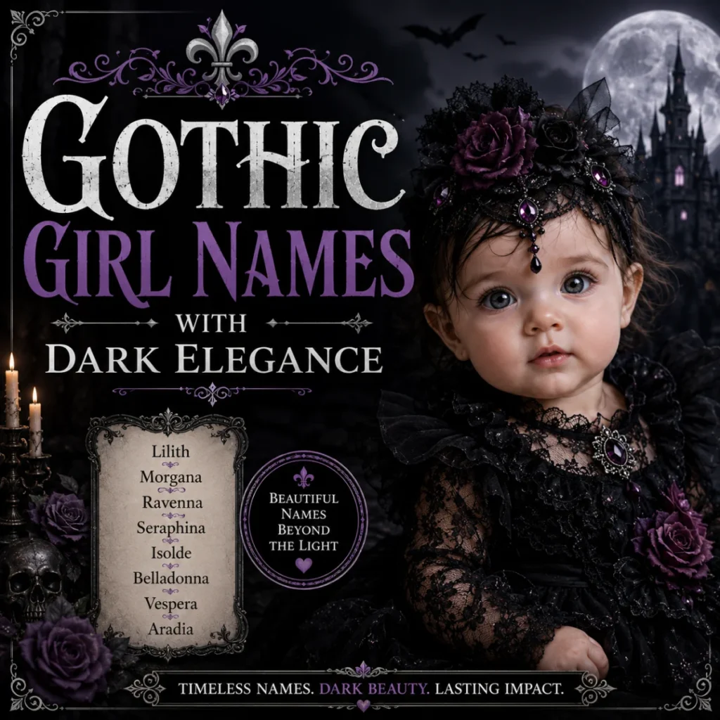 Gothic baby girl in black lace with elegant dark gothic girl names and moonlit castle background
