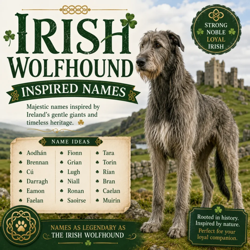 Irish Wolfhound inspired names graphic featuring a majestic Irish Wolfhound, Irish castle, and Celtic-themed name ideas