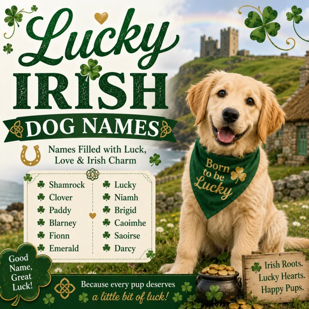 Lucky Irish dog names graphic featuring a happy golden puppy, shamrocks, Irish castle, rainbow, and lucky name ideas