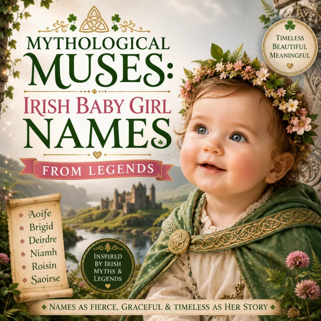 Baby girl in Celtic-inspired attire with mythical Irish baby girl names from legends and enchanting Irish scenery