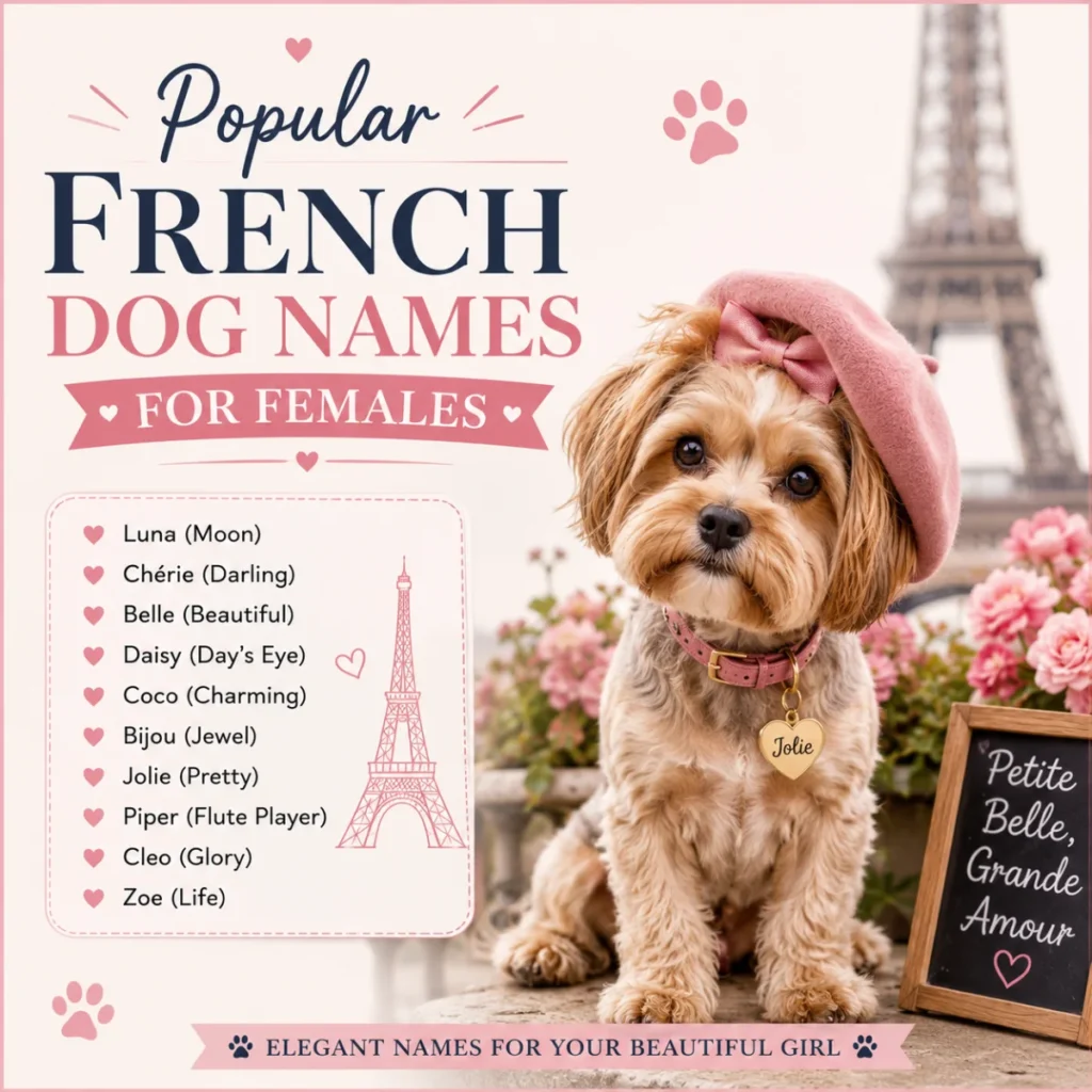 Cute female dog in Paris theme featuring popular French dog names for females with elegant and charming name ideas