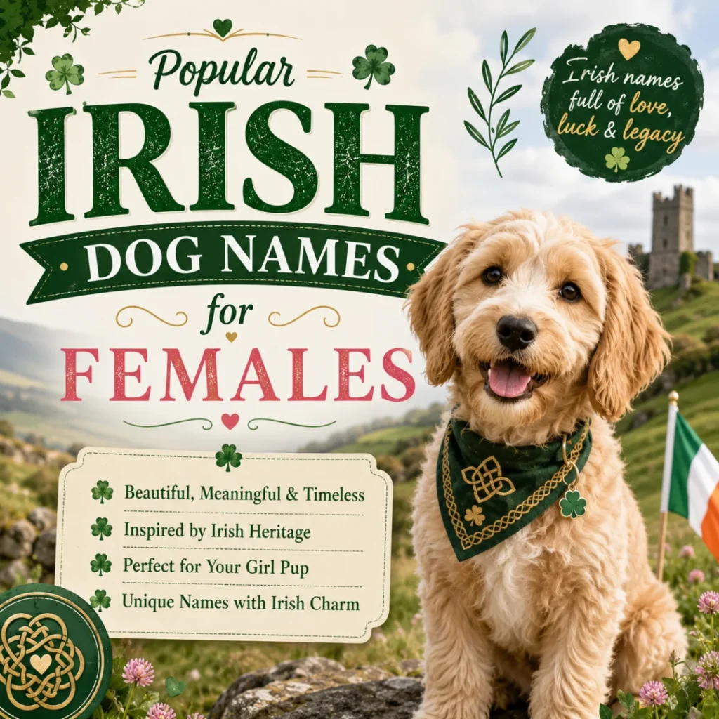 Popular Irish dog names for females graphic featuring a happy female dog, Irish countryside, shamrocks, and castle