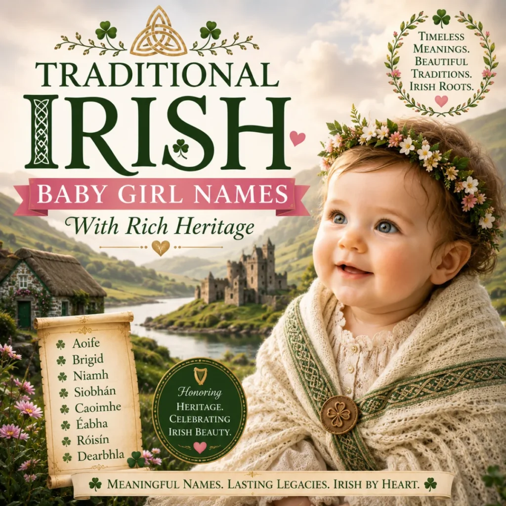 Smiling baby girl in Celtic attire with traditional Irish baby girl names and scenic Irish countryside background