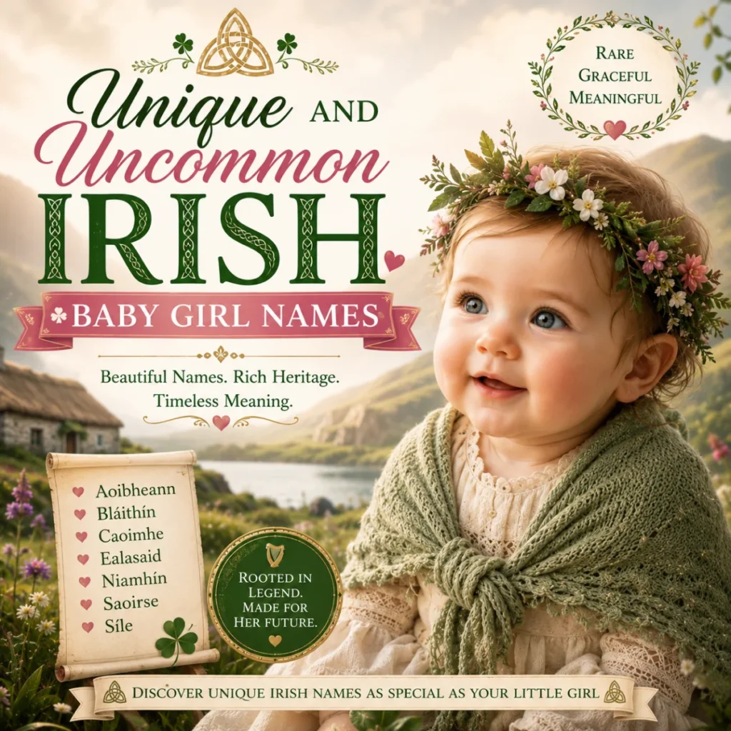 Smiling baby girl with Celtic style showcasing unique and uncommon Irish baby girl names in a scenic Irish landscape