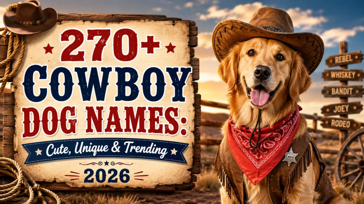 Golden Retriever dressed as a cowboy with a western hat promoting 270+ cowboy dog names, cute, unique and trending for 2026
