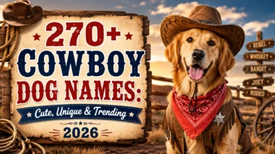 Golden Retriever dressed as a cowboy with a western hat promoting 270+ cowboy dog names, cute, unique and trending for 2026