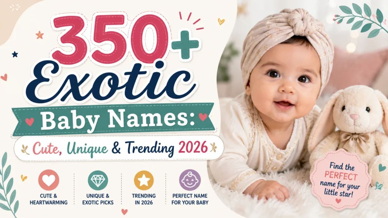 Smiling baby with 350+ exotic baby names list featuring cute, unique, and trending name ideas for 2026