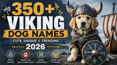 Golden Retriever puppy dressed as a Viking beside a longship promoting 350+ Viking dog names for 2026