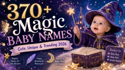 Cute baby dressed as a wizard promoting 370+ magic baby names with unique and magical name ideas for 2026.