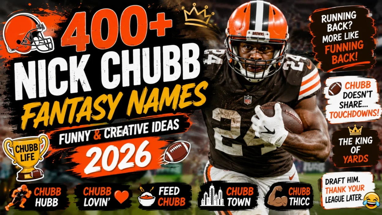 400+ Nick Chubb fantasy names 2026 featured image with football player, funny team name ideas, and bold sports graphics