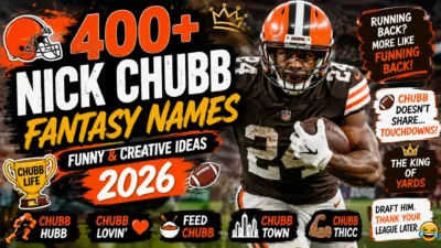 400+ Nick Chubb fantasy names 2026 featured image with football player, funny team name ideas, and bold sports graphics
