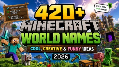 420+ Minecraft world names featured image with Steve, Creepers, castles, village, portal, and creative gaming landscape
