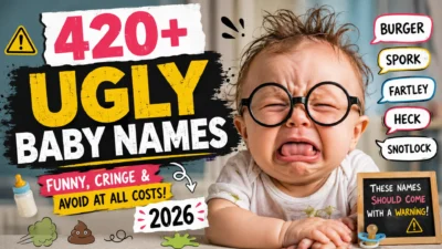 Funny ugly baby names 2026 banner featuring a crying baby with quirky fake names and a humorous warning to avoid them
