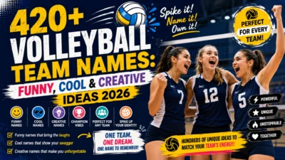 420+ volleyball team names with funny, cool, and creative ideas for 2026 featuring three celebrating volleyball players