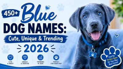 Happy blue puppy with text "450+ Blue Dog Names: Cute, Unique & Trending 2026" on a colorful featured image