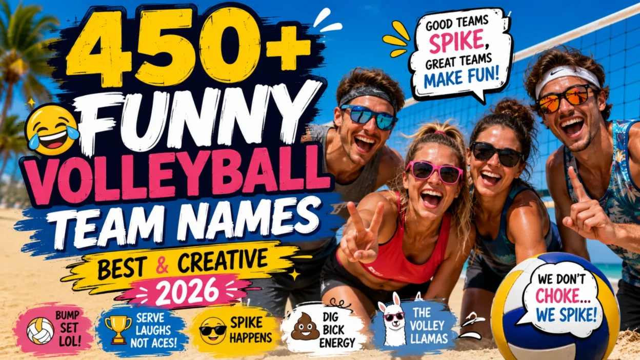 450+ funny volleyball team names 2026 featured image with a cheerful beach volleyball team and playful team name ideas