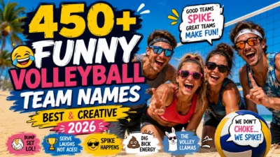 450+ funny volleyball team names 2026 featured image with a cheerful beach volleyball team and playful team name ideas