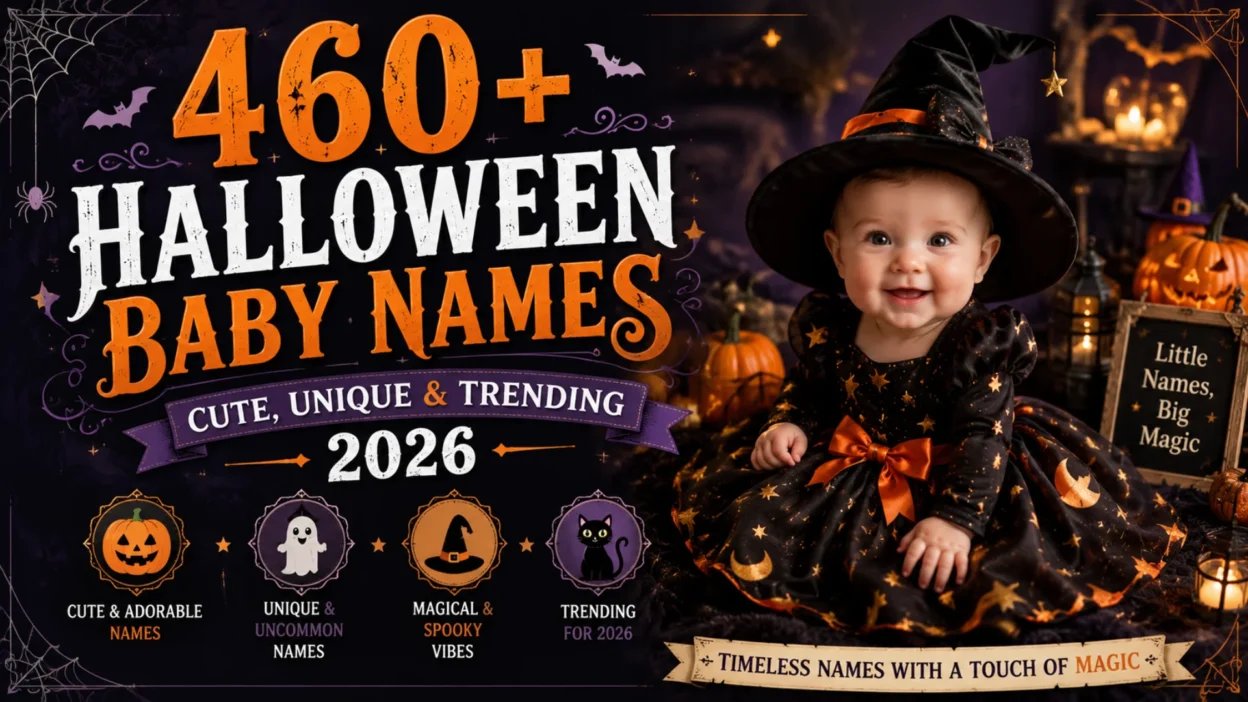 Smiling baby in a Halloween witch costume with 460+ Halloween baby names for 2026 cover design
