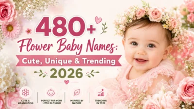 Smiling baby with a flower crown surrounded by blooms, featuring 480+ flower baby names for 2026