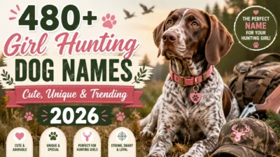 Female hunting dog with 480+ girl hunting dog names featured in a cute, unique, and trending 2026 blog banner
