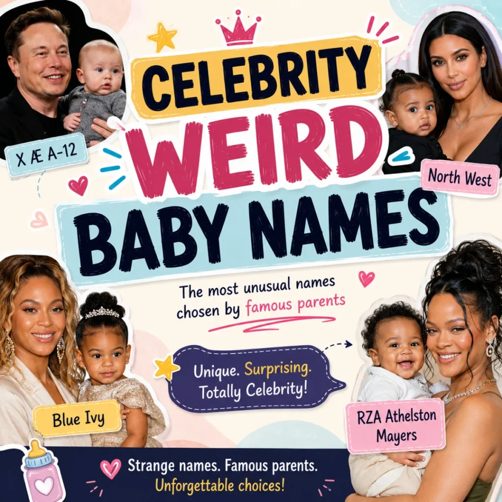 Celebrity weird baby names featuring famous parents and their unique, unusual baby name choices in a colorful 2026 collage.