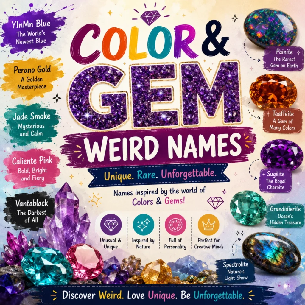 Color and gem weird names featuring rare gemstones and unique color-inspired name ideas in a vibrant creative design.
