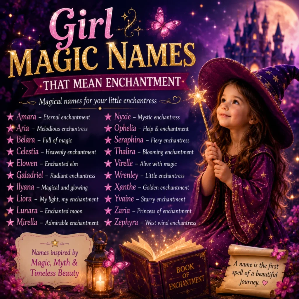 Girl magic names that mean enchantment with a fantasy-inspired child, magical wand, and enchanting baby name ideas.