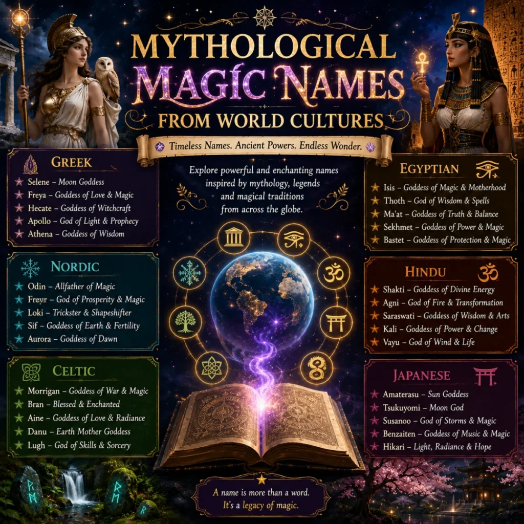 Mythological magic names from world cultures featuring Greek, Egyptian, Norse, Celtic, Hindu, and Japanese legends.