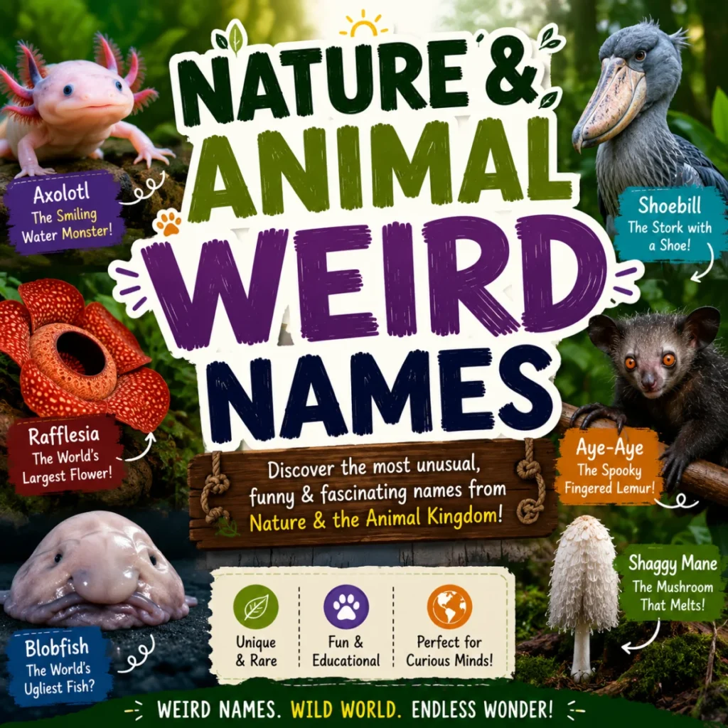Nature and animal weird names featuring unique wildlife, rare plants, and unusual creatures with fascinating name ideas.