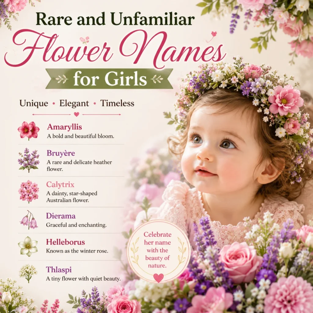 Baby girl with a floral crown showcasing rare and unfamiliar flower names for girls in a soft botanical design
