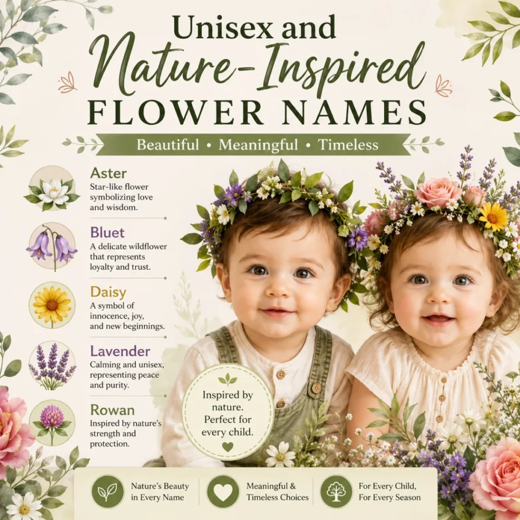 Two babies with floral crowns featuring unisex and nature-inspired flower names in a soft botanical design