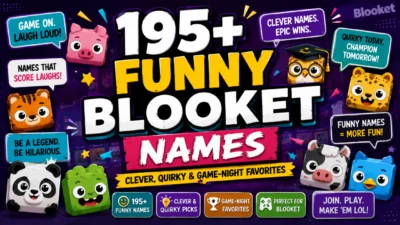 195+ funny Blooket names with colorful game characters and playful quiz graphics