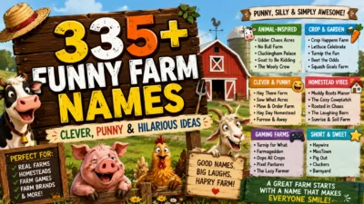 335+ funny farm names with a colorful barnyard scene, playful animals, and clever farm name ideas