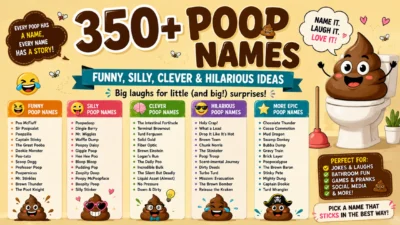 350+ poop names featuring funny, silly, clever, and hilarious ideas for jokes, games, pranks, and more