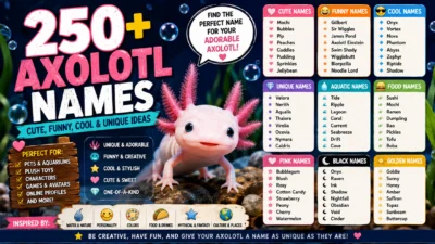 axolotl names with cute, funny, cool, and unique ideas featuring a pink axolotl underwater