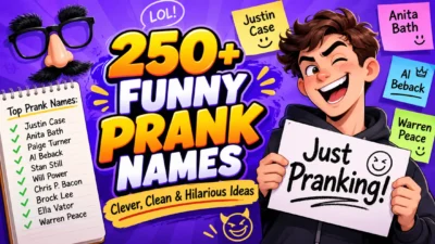 funny prank names with clever, clean ideas and playful cartoon prankster design