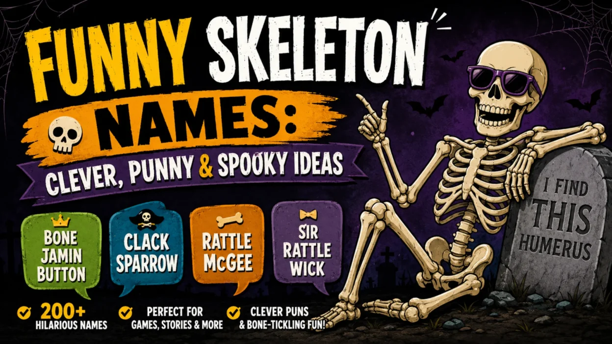 Funny skeleton names poster with clever, punny, and spooky name ideas for games, stories, and more