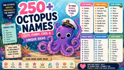 octopus names with cute, funny, cool, and unique ideas in a colorful underwater design