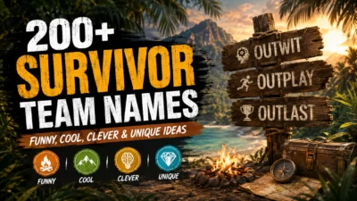 200+ Survivor team names banner with funny, cool, clever and unique ideas in a tropical setting